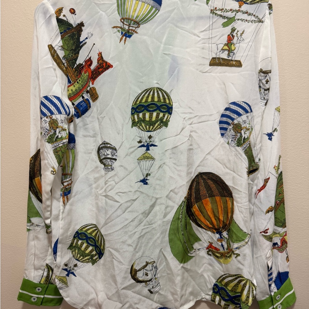 NWOT Maeve Anthropologie Green and White Hot Air Balloon Silk Top - Picture 7 of 11